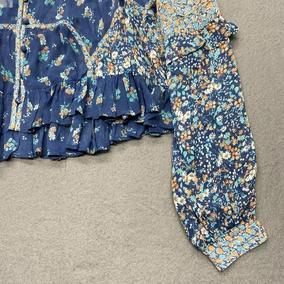Anthropologie Sheer Babydoll‎ Blouse Blue Floral Size M Festival Boho Hippie NEW - Picture 4 of 11